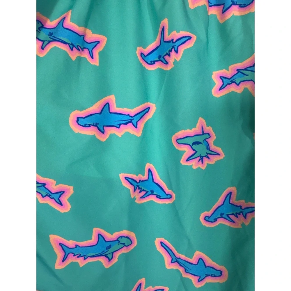 Chubbies Swim Trunks Teal Blue Pink Shark Print Drawstring Pockets Mens XXL NWOT